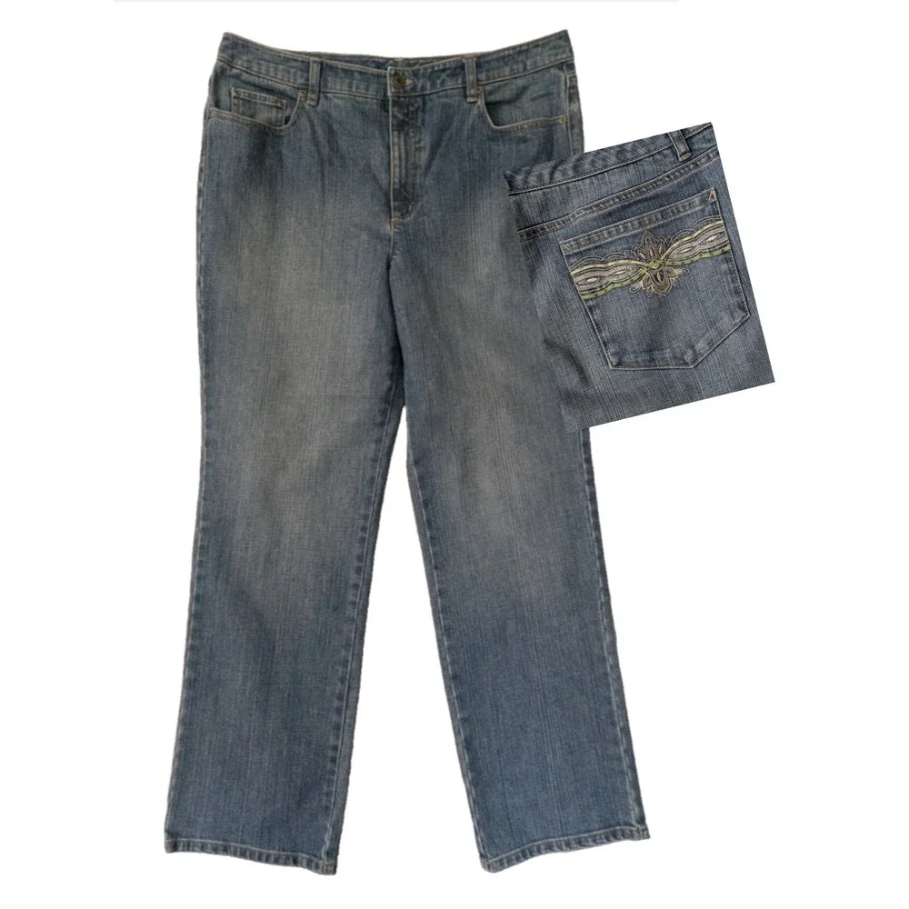 Talbots Straight Leg Jeans Womens 16 Blue‎ Stretch Beaded Embroidered Casual